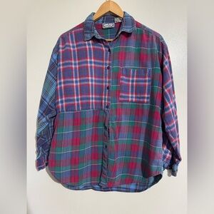 Bonjour vintage patchwork Colorful Plaid Button-Up Shirt long sleeve Large